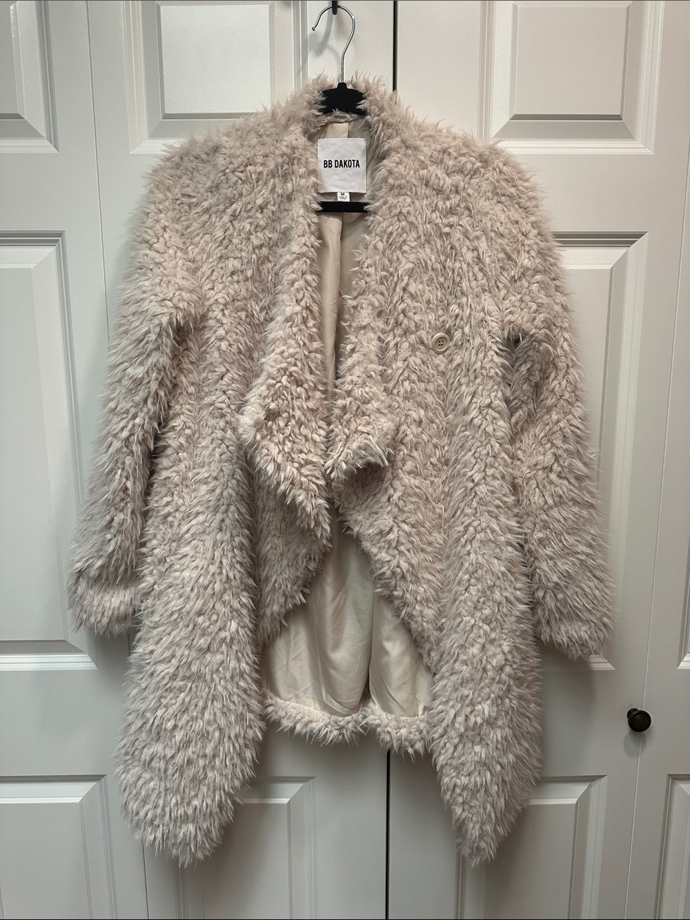 BB Dakota Plush Faux Fur Open-Front Coat in Cream